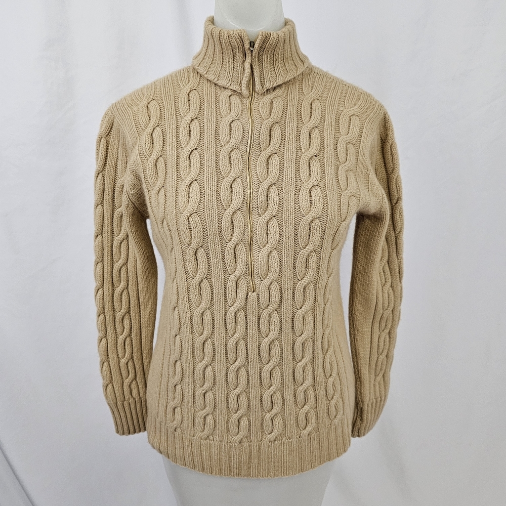 Hadley Vintage Women's 100% Camel Hair Sweater Cable Knit 1/2 Zip Size 36 Mint